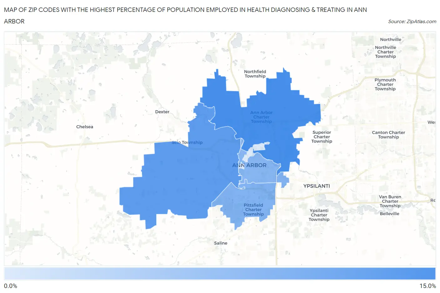 Zip Codes with the Highest Percentage of Population Employed in Health Diagnosing & Treating in Ann Arbor Map