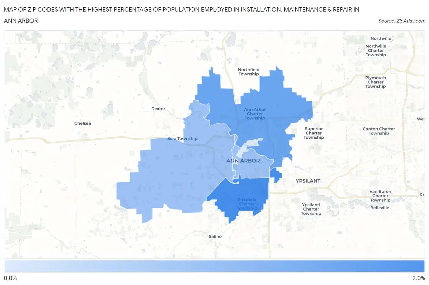 Zip Codes with the Highest Percentage of Population Employed in Installation, Maintenance & Repair in Ann Arbor Map