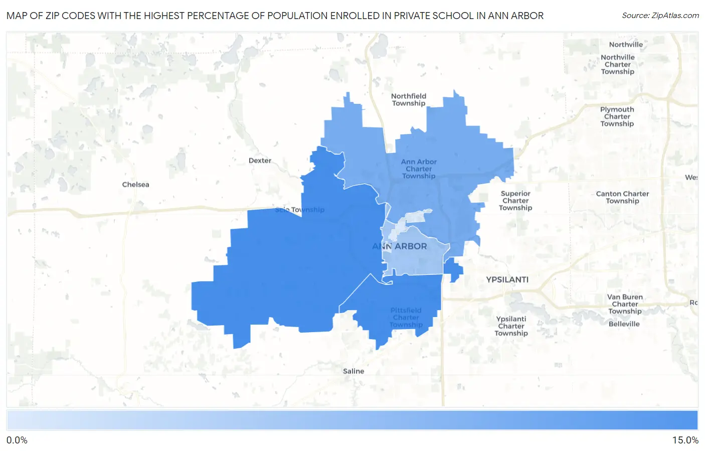 Zip Codes with the Highest Percentage of Population Enrolled in Private School in Ann Arbor Map