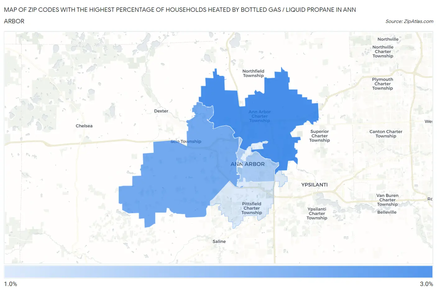 Zip Codes with the Highest Percentage of Households Heated by Bottled Gas / Liquid Propane in Ann Arbor Map