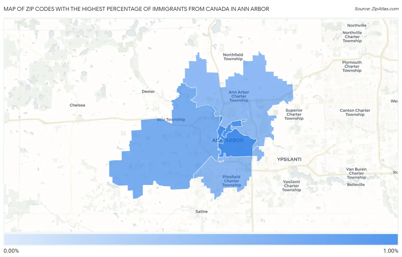 Zip Codes with the Highest Percentage of Immigrants from Canada in Ann Arbor Map