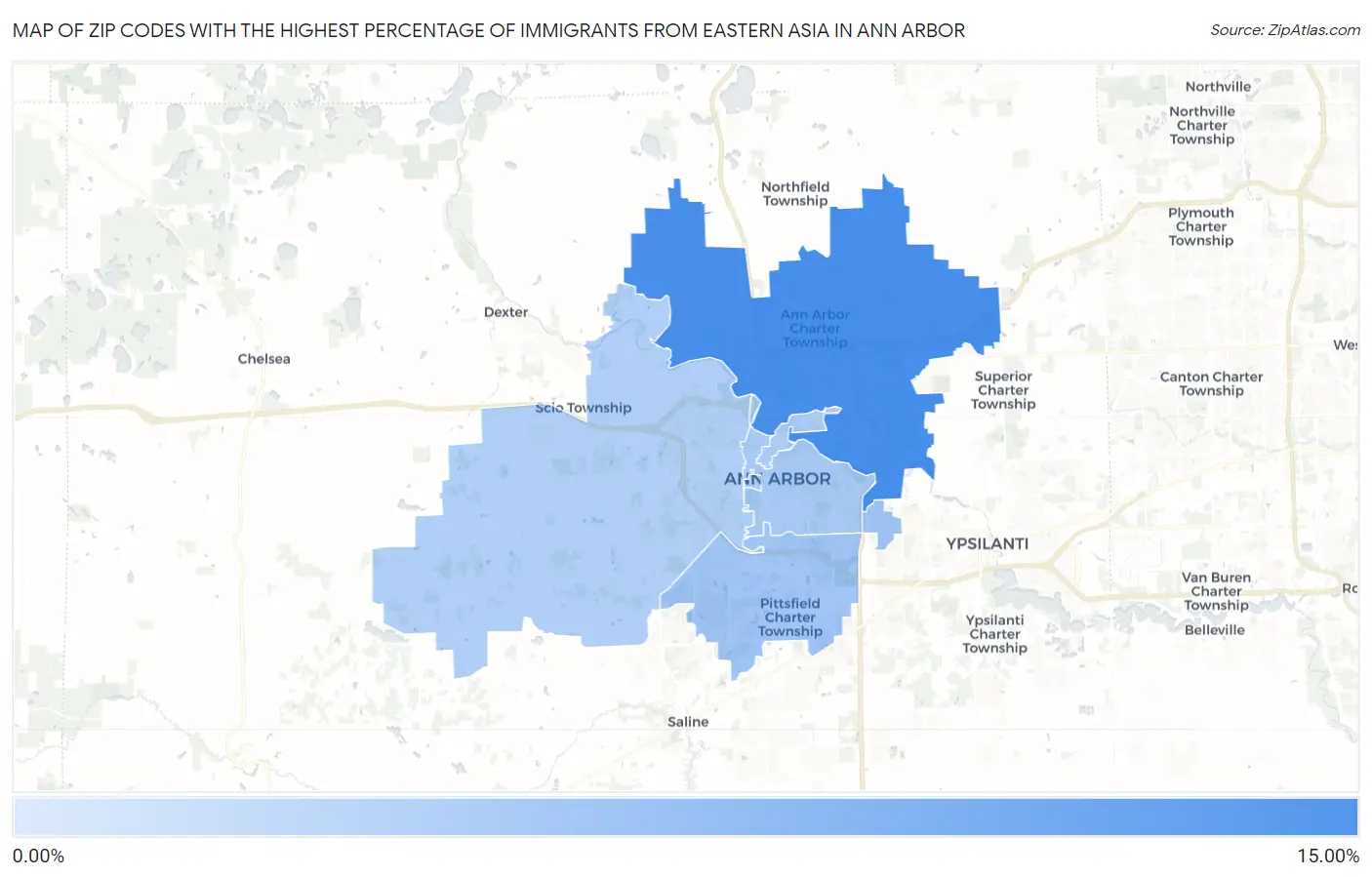 Zip Codes with the Highest Percentage of Immigrants from Eastern Asia in Ann Arbor Map