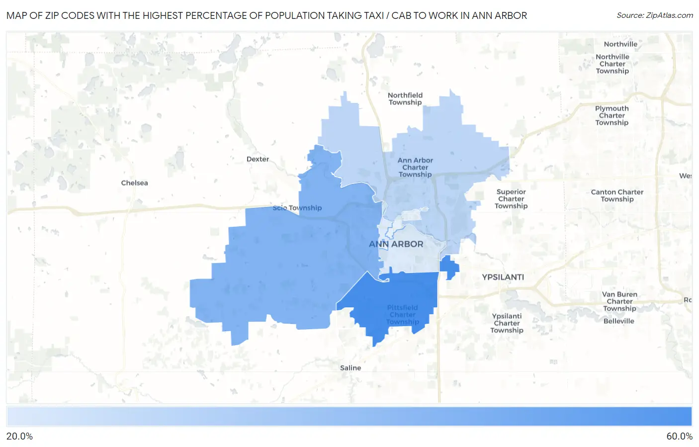 Zip Codes with the Highest Percentage of Population Taking Taxi / Cab to Work in Ann Arbor Map