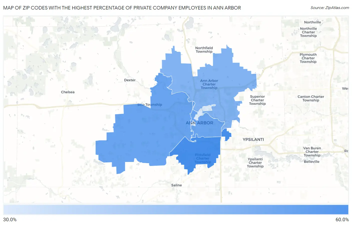 Zip Codes with the Highest Percentage of Private Company Employees in Ann Arbor Map