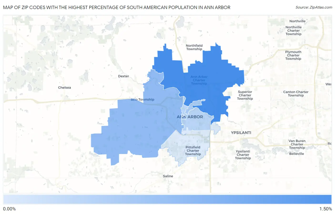 Zip Codes with the Highest Percentage of South American Population in Ann Arbor Map