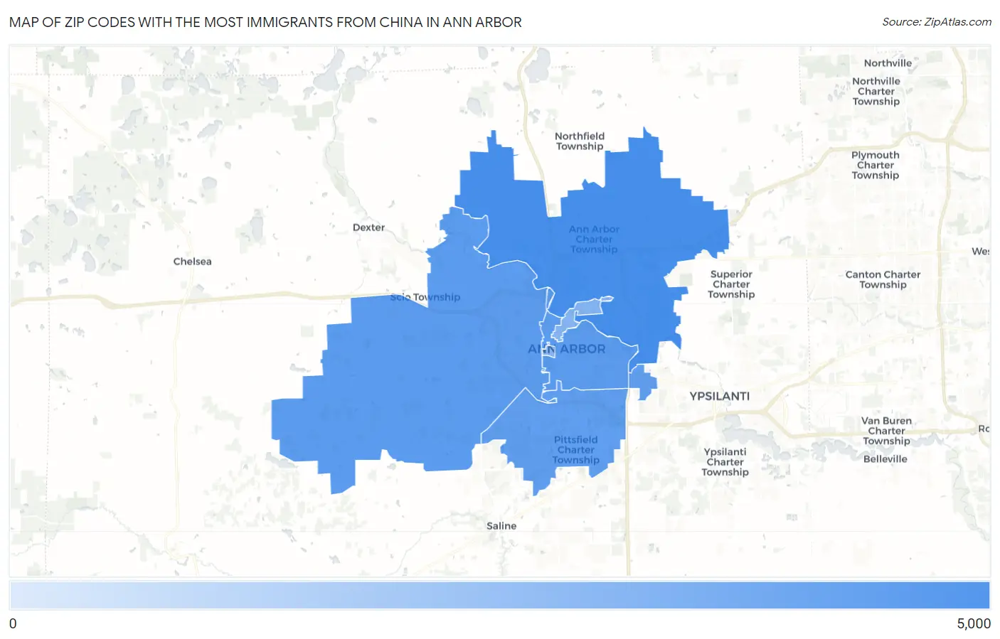 Zip Codes with the Most Immigrants from China in Ann Arbor Map