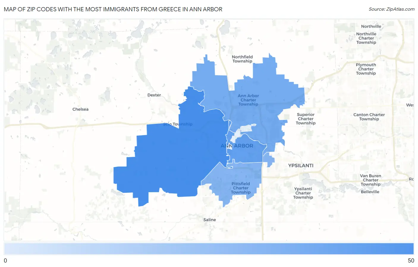 Zip Codes with the Most Immigrants from Greece in Ann Arbor Map