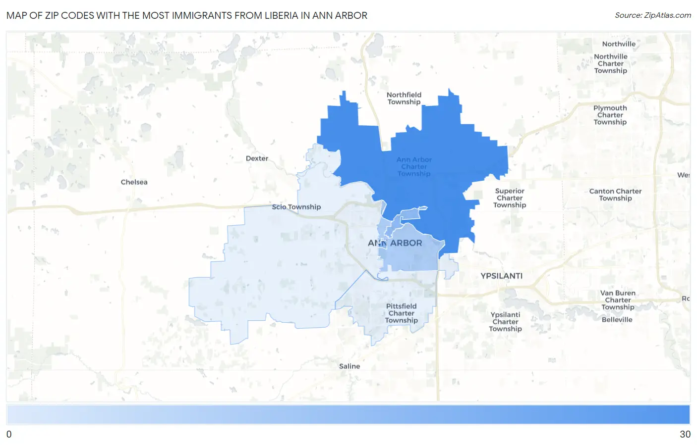 Zip Codes with the Most Immigrants from Liberia in Ann Arbor Map