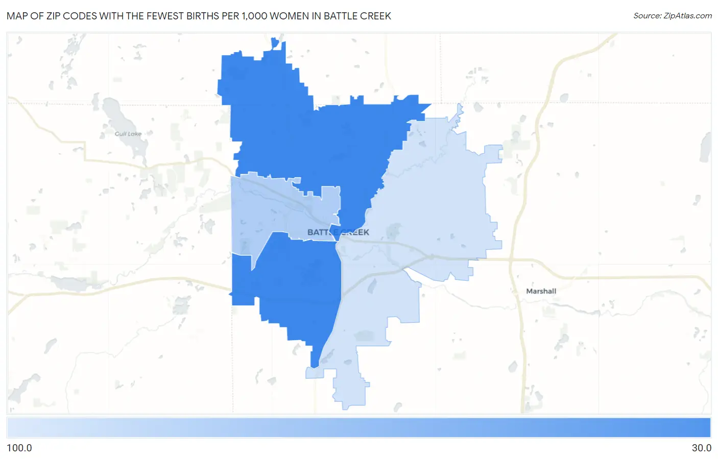 Zip Codes with the Fewest Births per 1,000 Women in Battle Creek Map