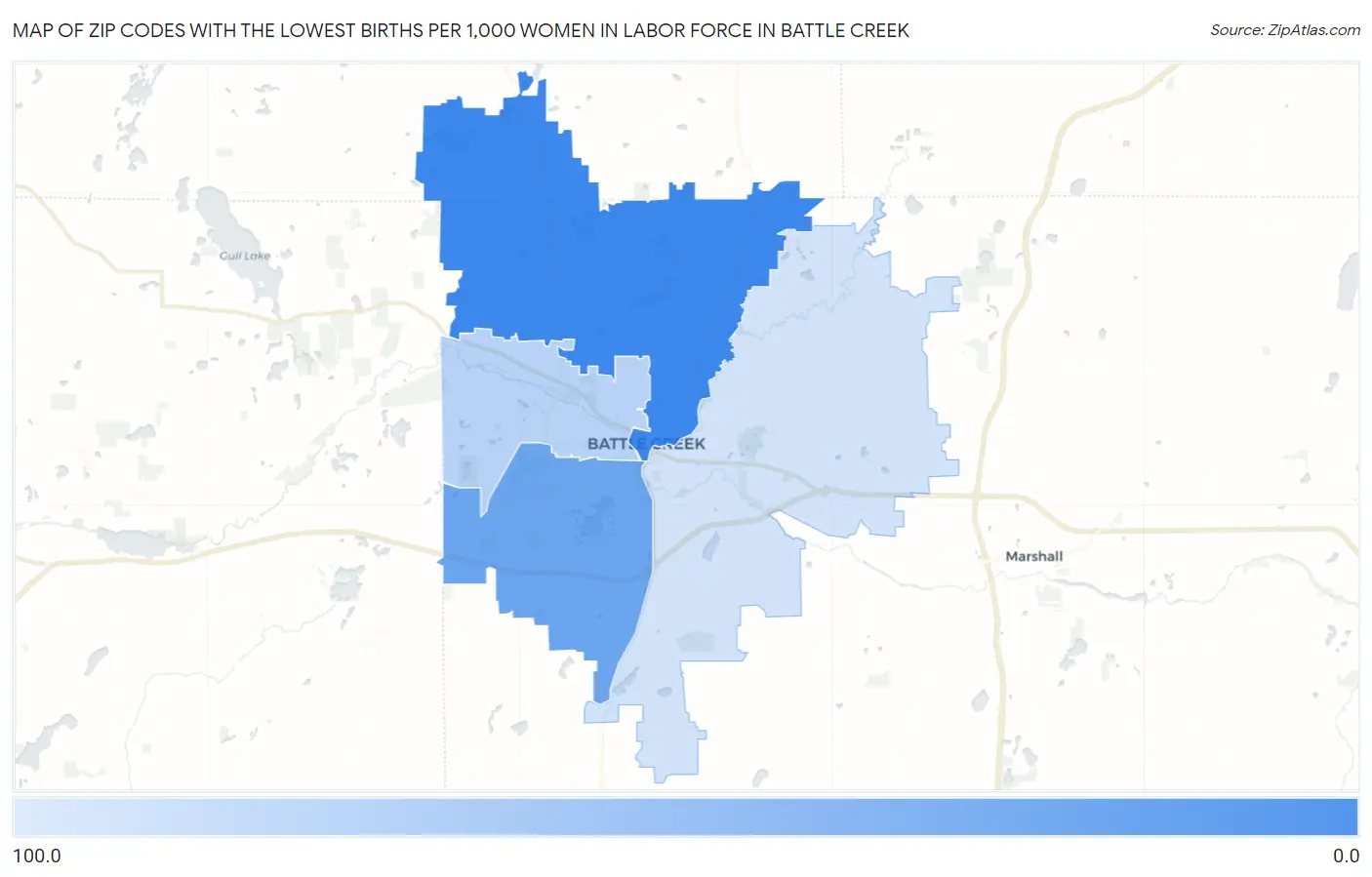 Zip Codes with the Lowest Births per 1,000 Women in Labor Force in Battle Creek Map