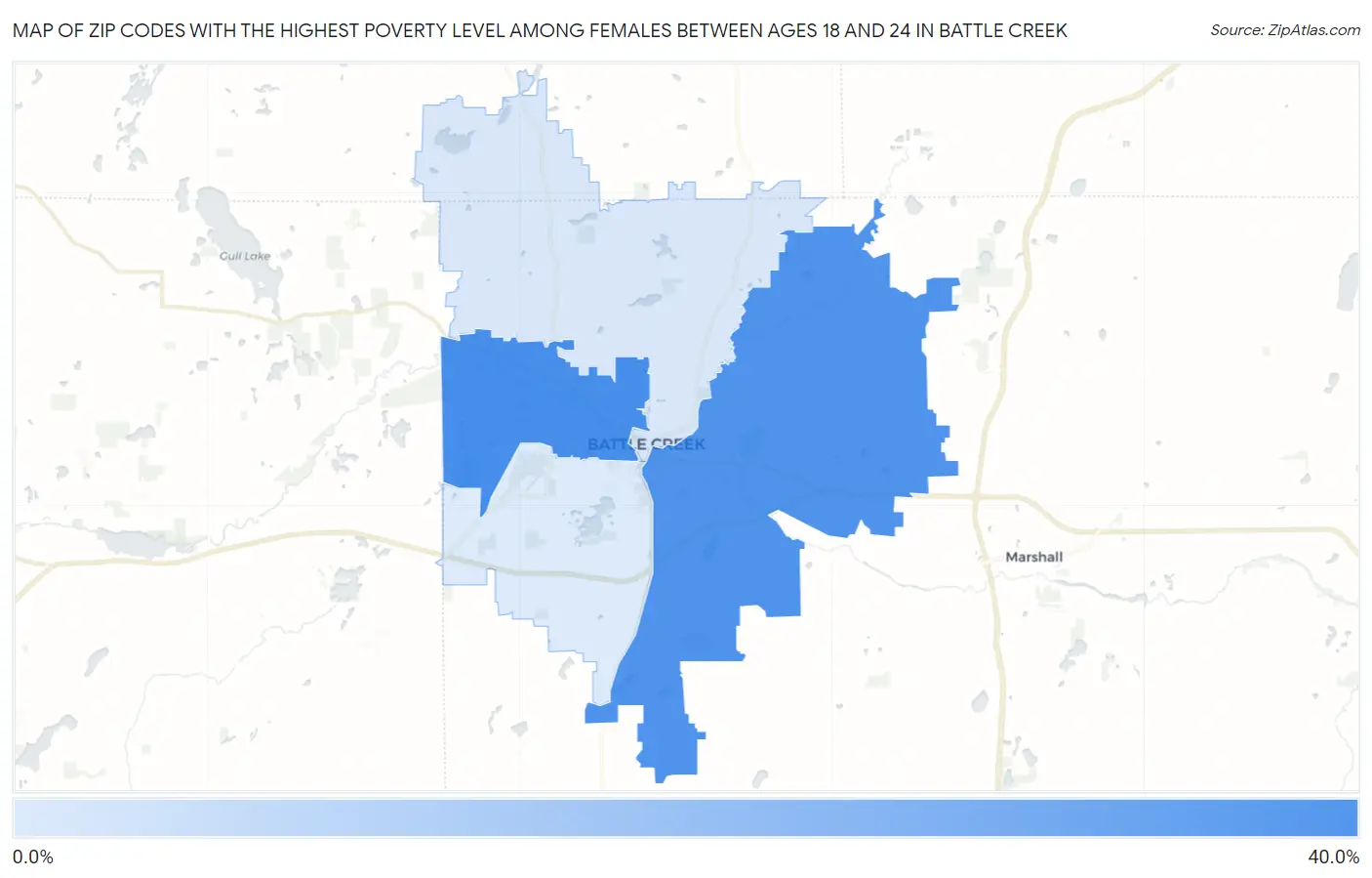 Zip Codes with the Highest Poverty Level Among Females Between Ages 18 and 24 in Battle Creek Map
