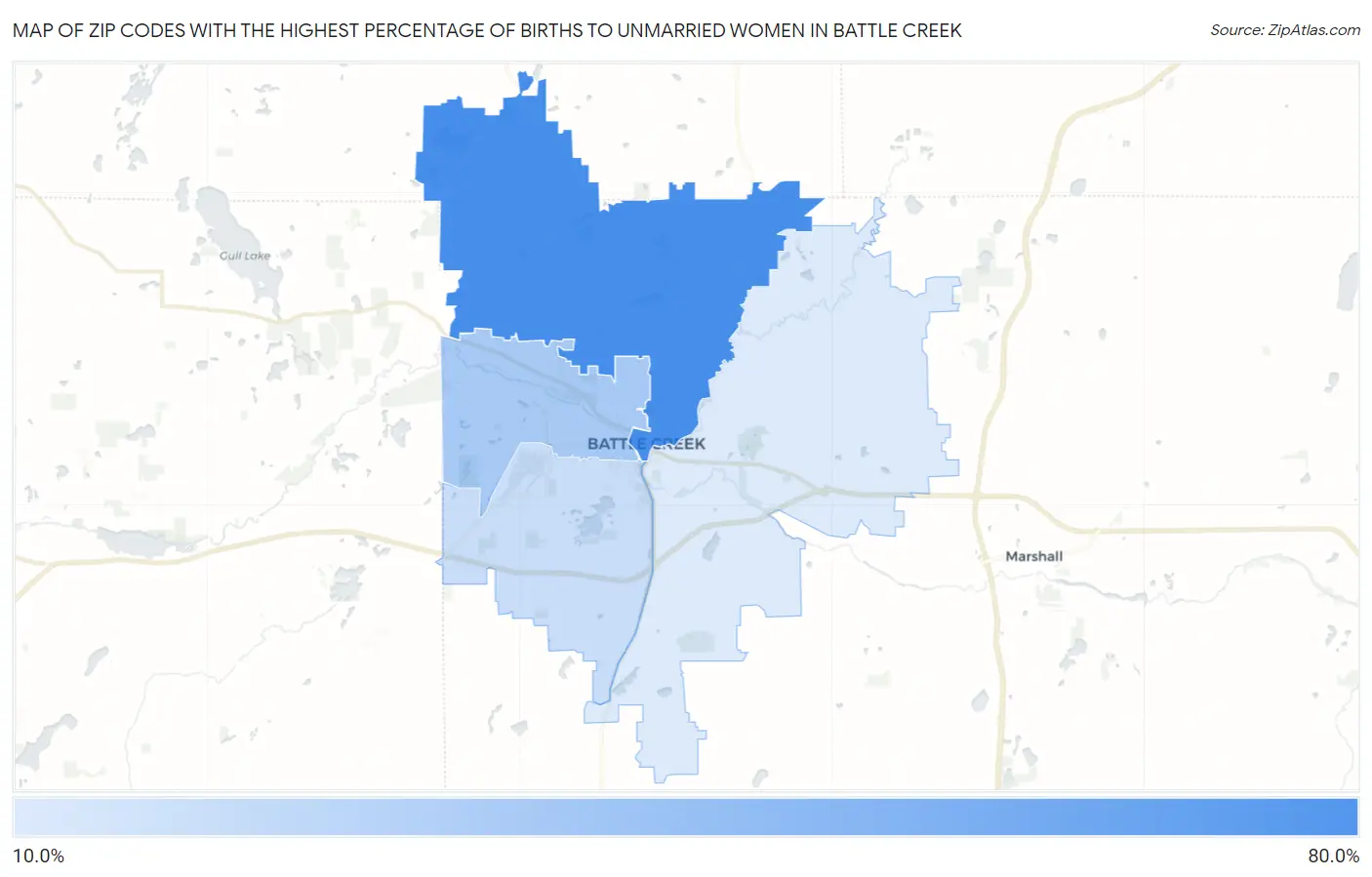 Zip Codes with the Highest Percentage of Births to Unmarried Women in Battle Creek Map