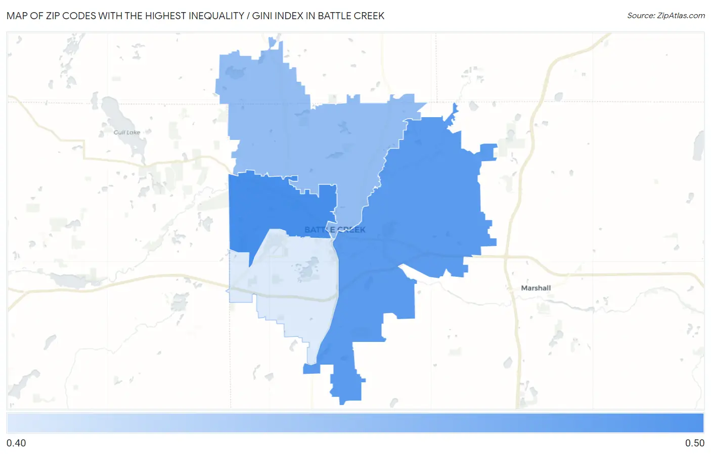 Zip Codes with the Highest Inequality / Gini Index in Battle Creek Map