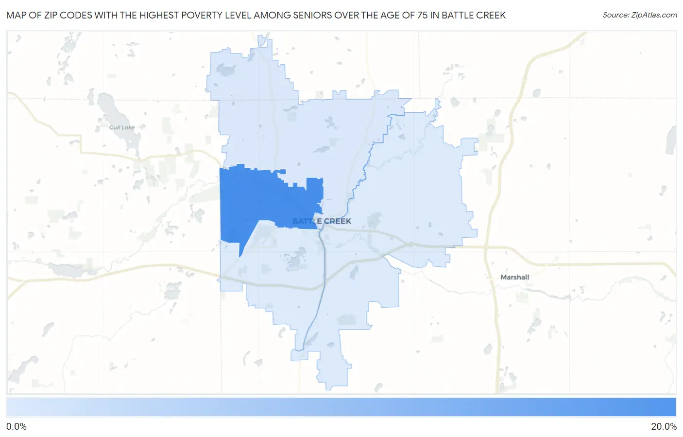 Zip Codes with the Highest Poverty Level Among Seniors Over the Age of 75 in Battle Creek Map