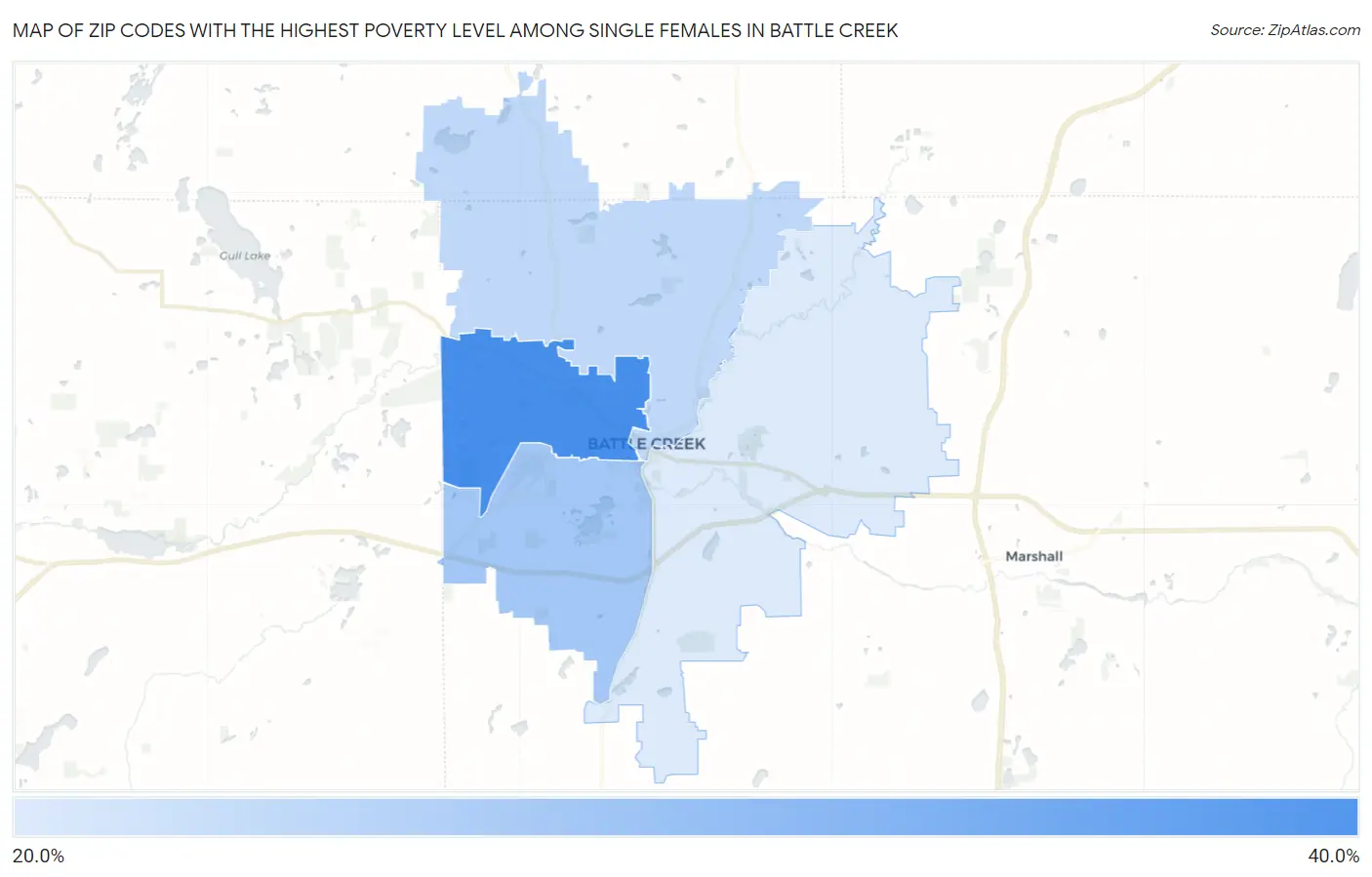 Zip Codes with the Highest Poverty Level Among Single Females in Battle Creek Map