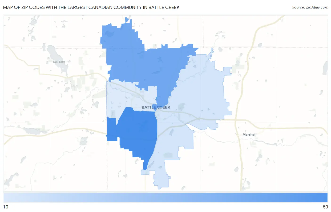 Zip Codes with the Largest Canadian Community in Battle Creek Map