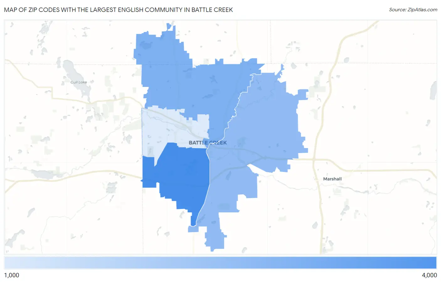 Zip Codes with the Largest English Community in Battle Creek Map