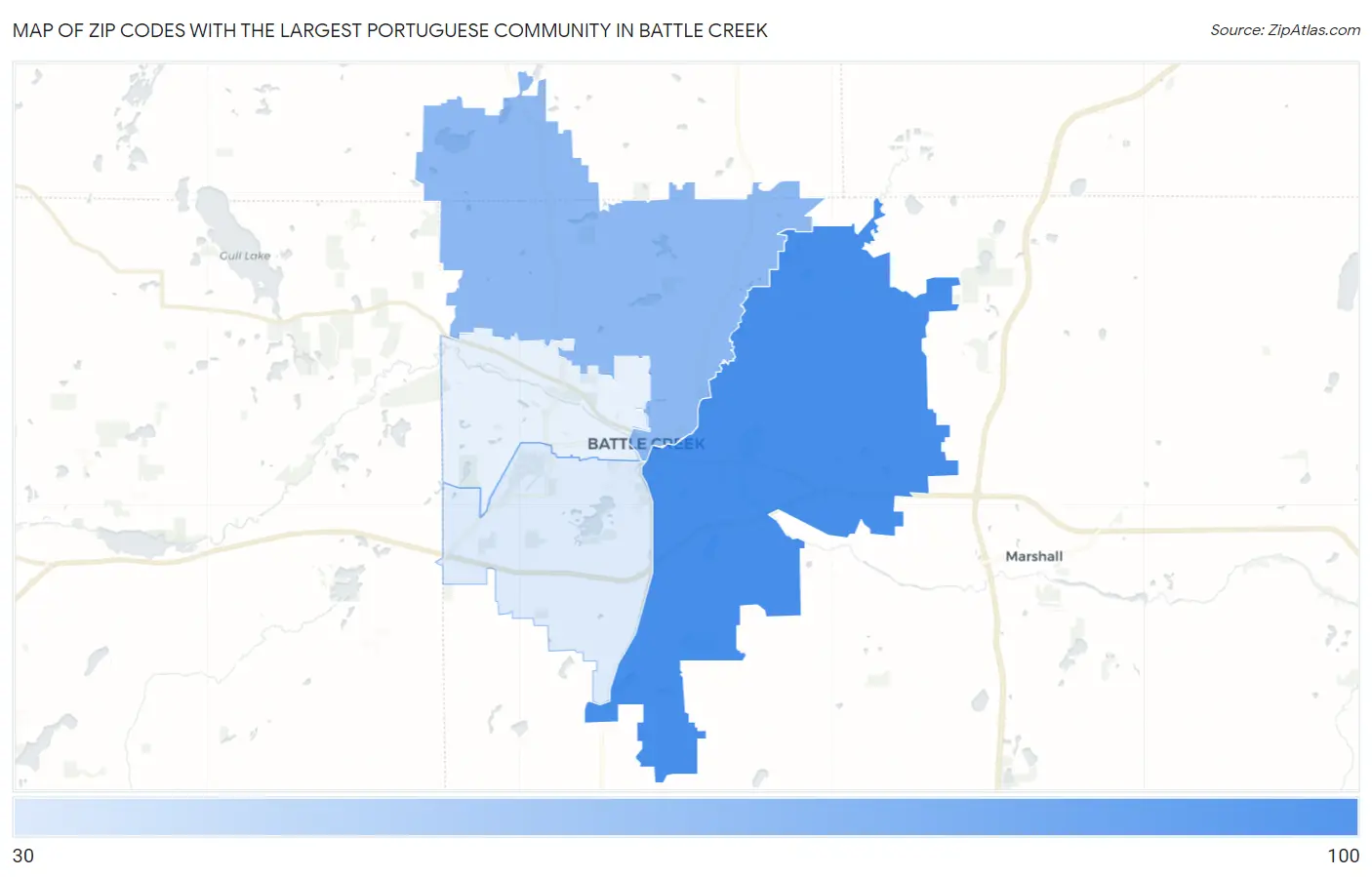 Zip Codes with the Largest Portuguese Community in Battle Creek Map