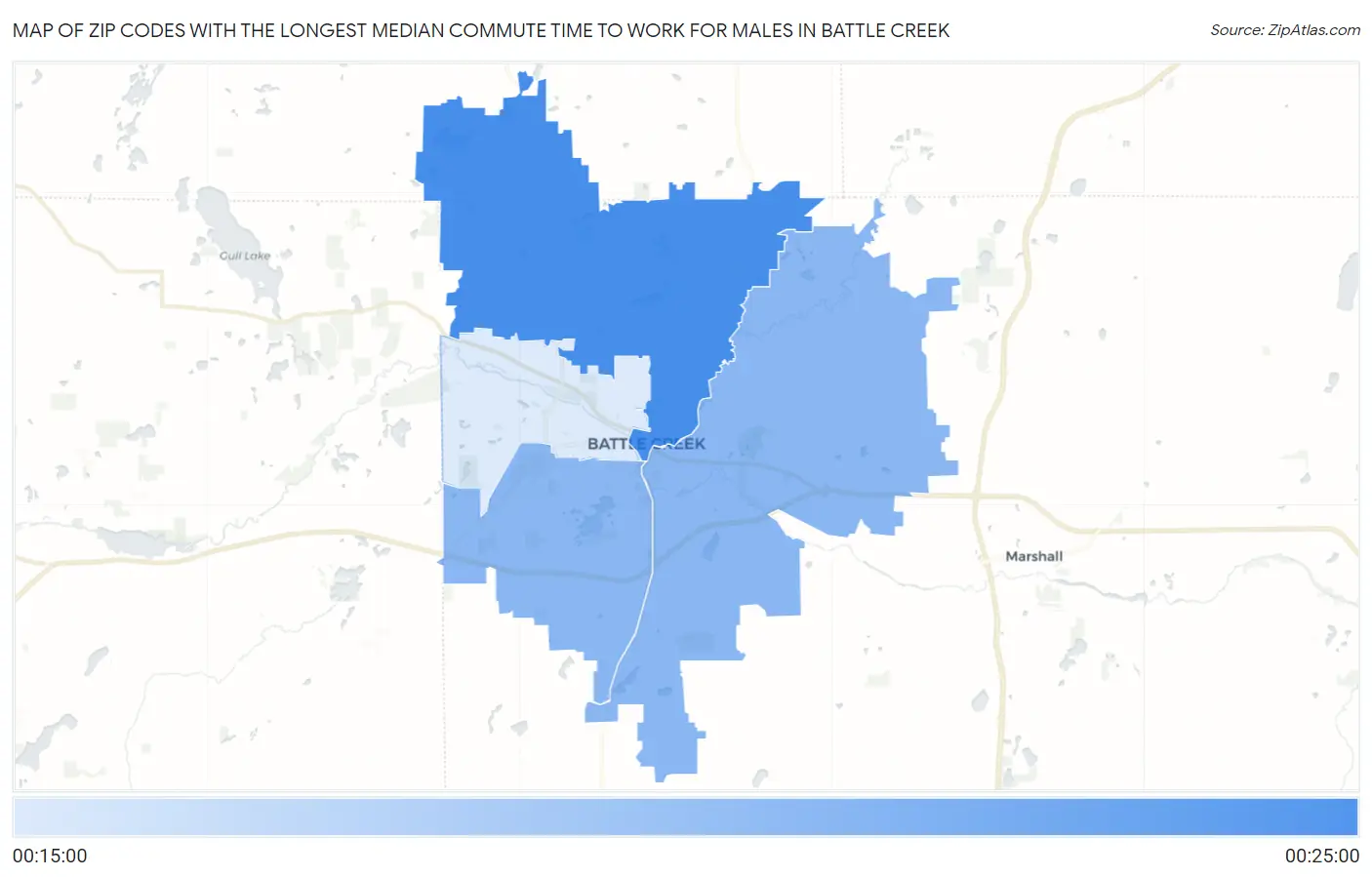 Zip Codes with the Longest Median Commute Time to Work for Males in Battle Creek Map