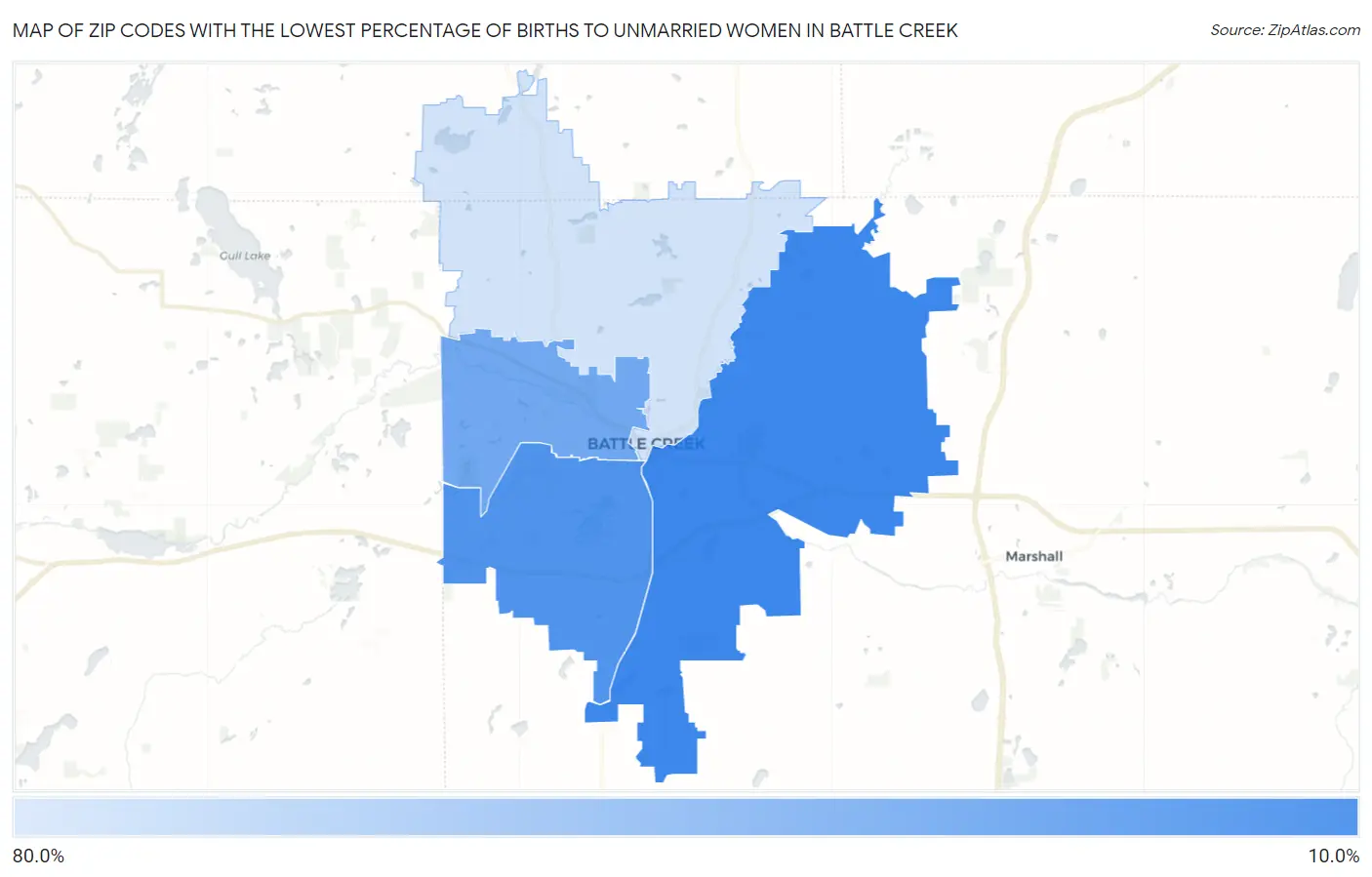 Zip Codes with the Lowest Percentage of Births to Unmarried Women in Battle Creek Map