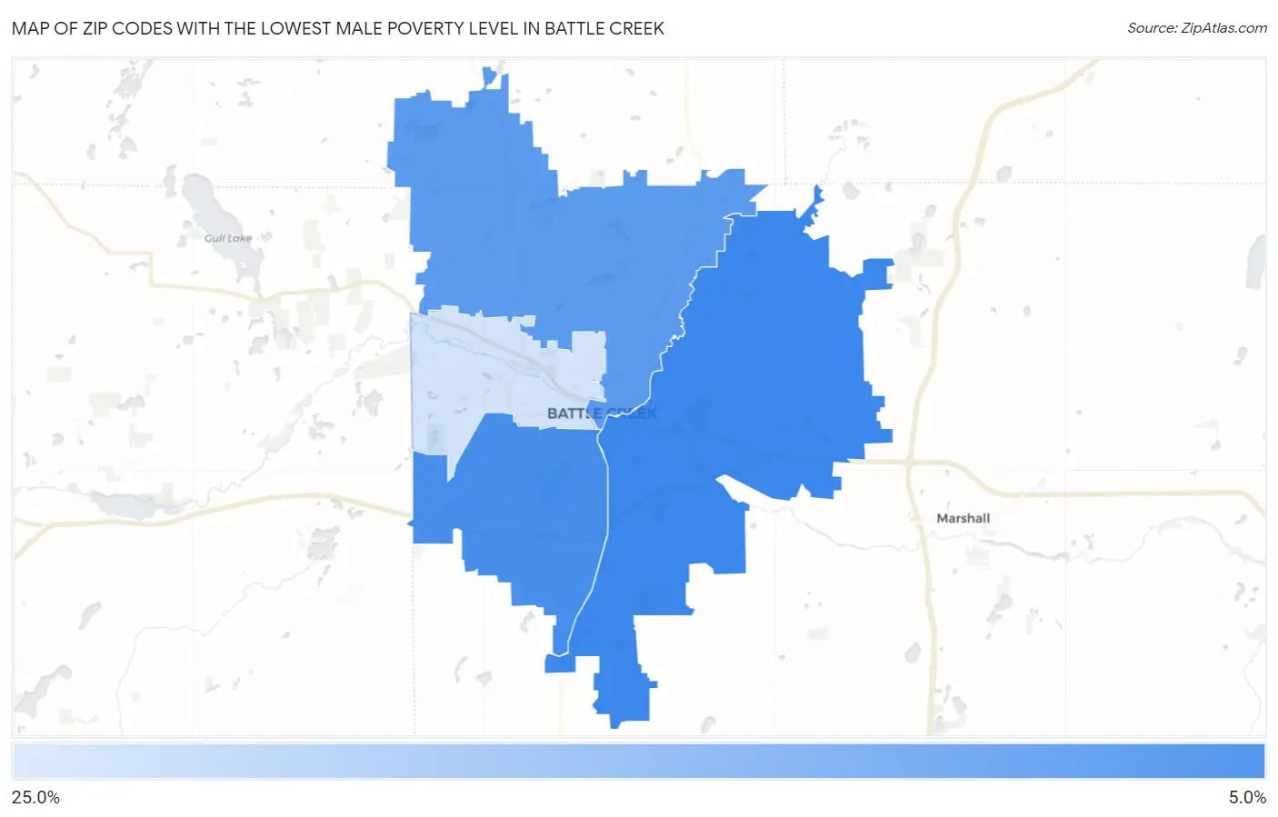Zip Codes with the Lowest Male Poverty Level in Battle Creek Map