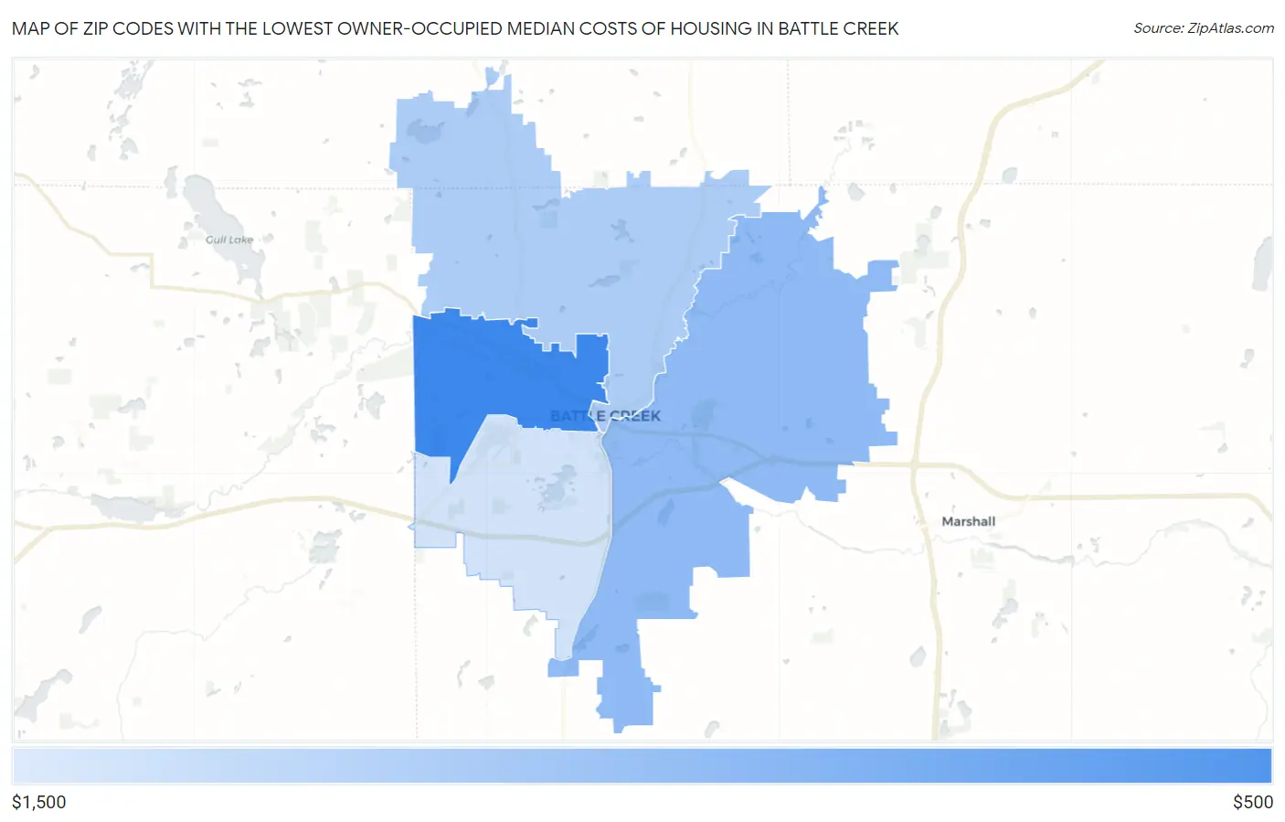 Zip Codes with the Lowest Owner-Occupied Median Costs of Housing in Battle Creek Map