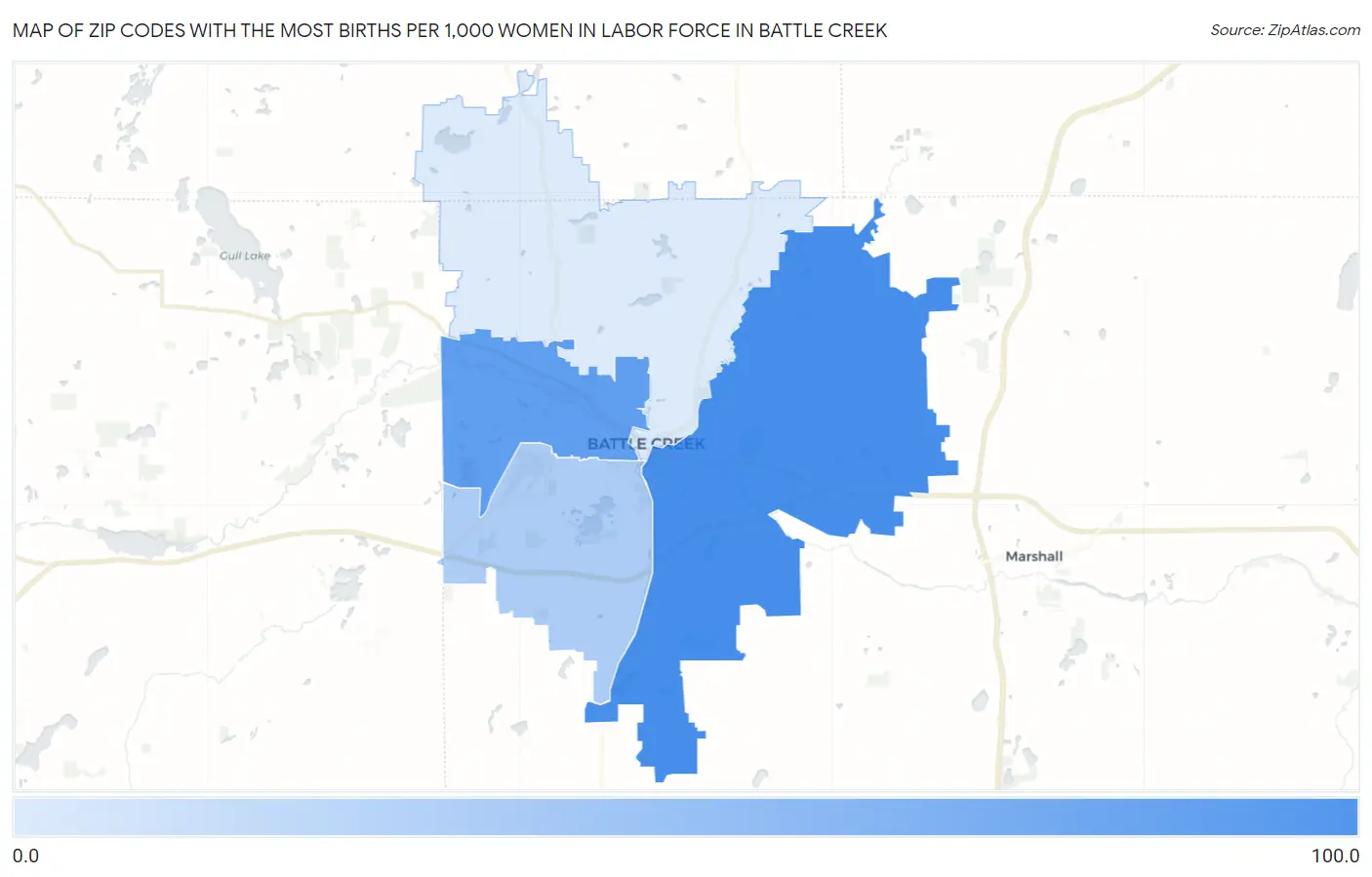 Zip Codes with the Most Births per 1,000 Women in Labor Force in Battle Creek Map