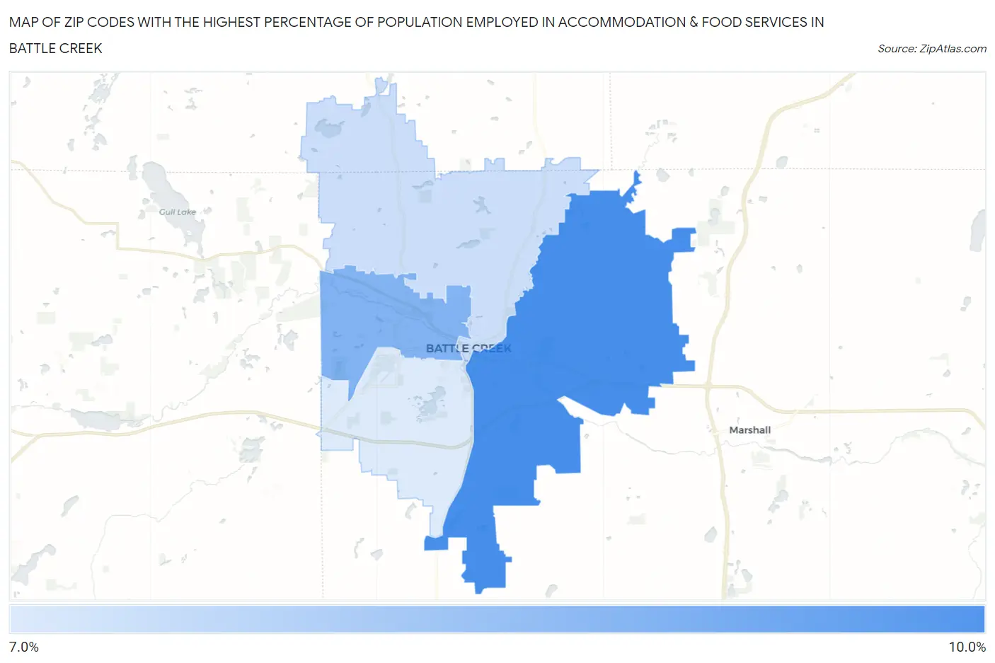 Zip Codes with the Highest Percentage of Population Employed in Accommodation & Food Services in Battle Creek Map