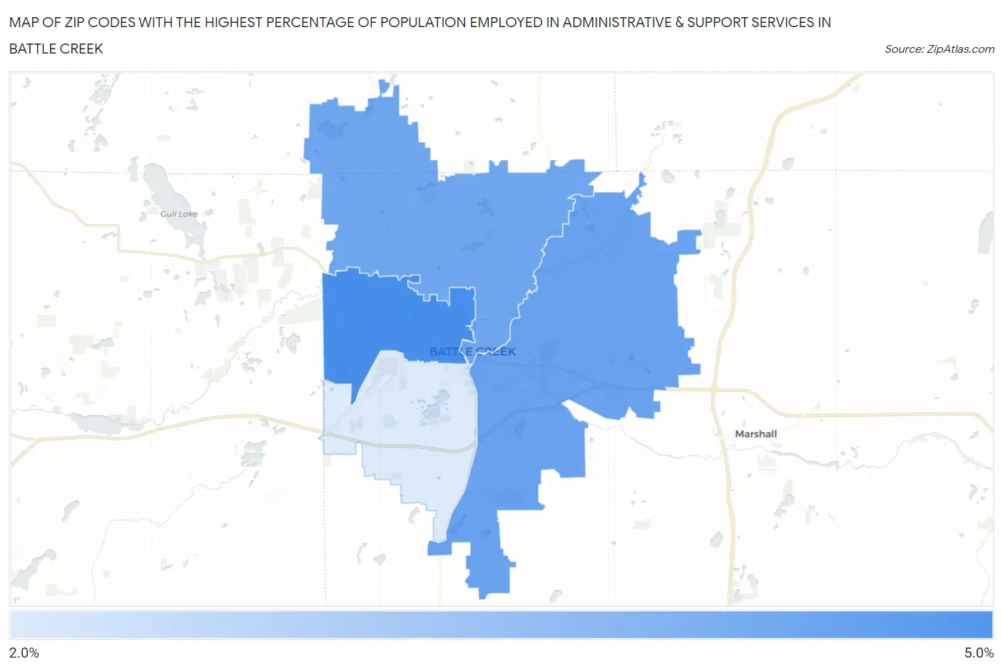 Zip Codes with the Highest Percentage of Population Employed in Administrative & Support Services in Battle Creek Map