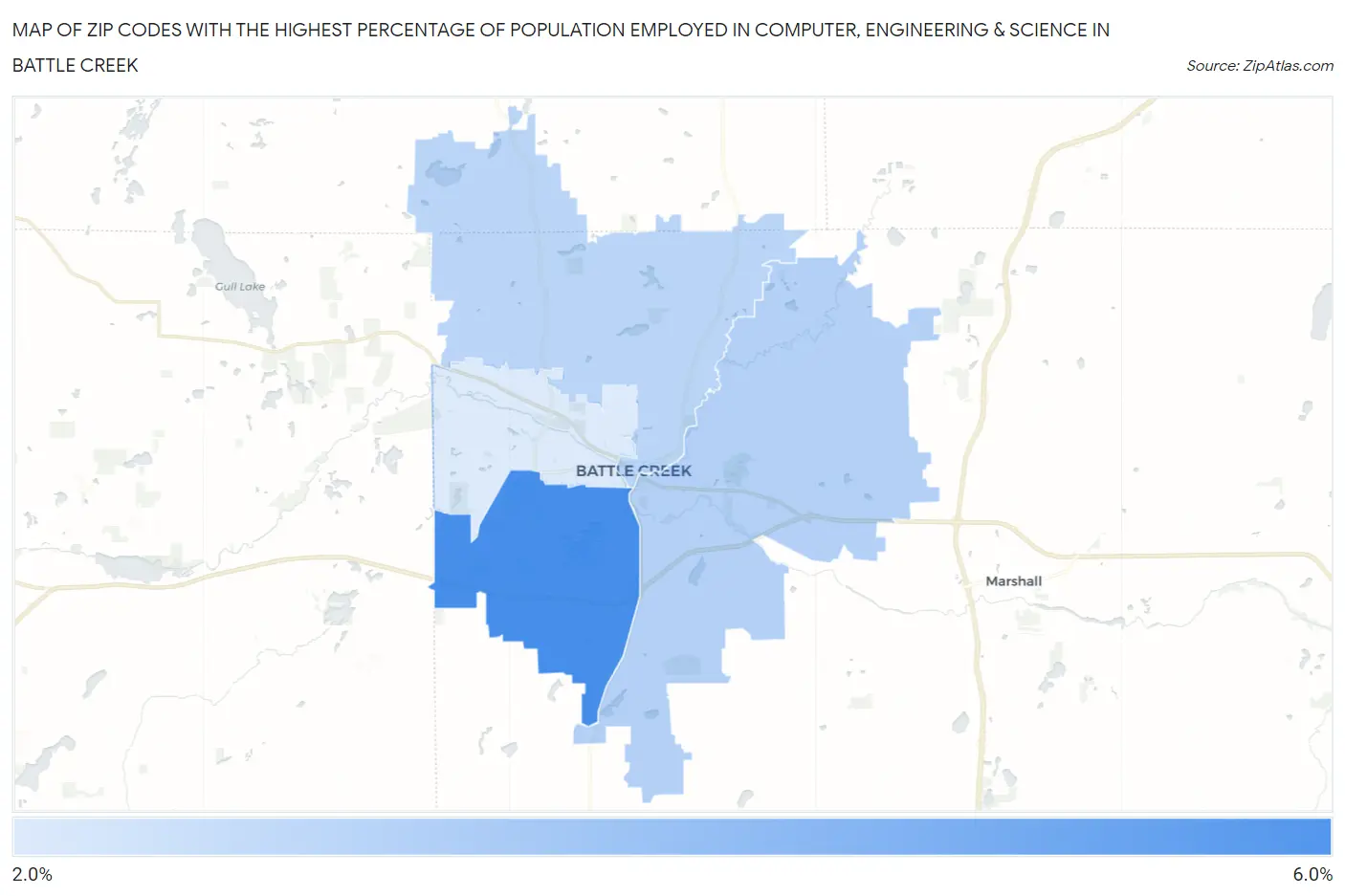 Zip Codes with the Highest Percentage of Population Employed in Computer, Engineering & Science in Battle Creek Map