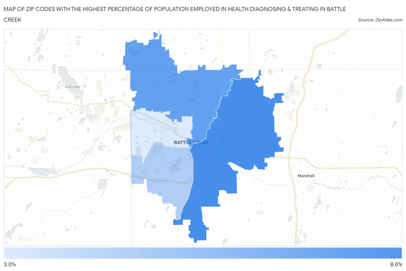 Zip Codes with the Highest Percentage of Population Employed in Health Diagnosing & Treating in Battle Creek Map