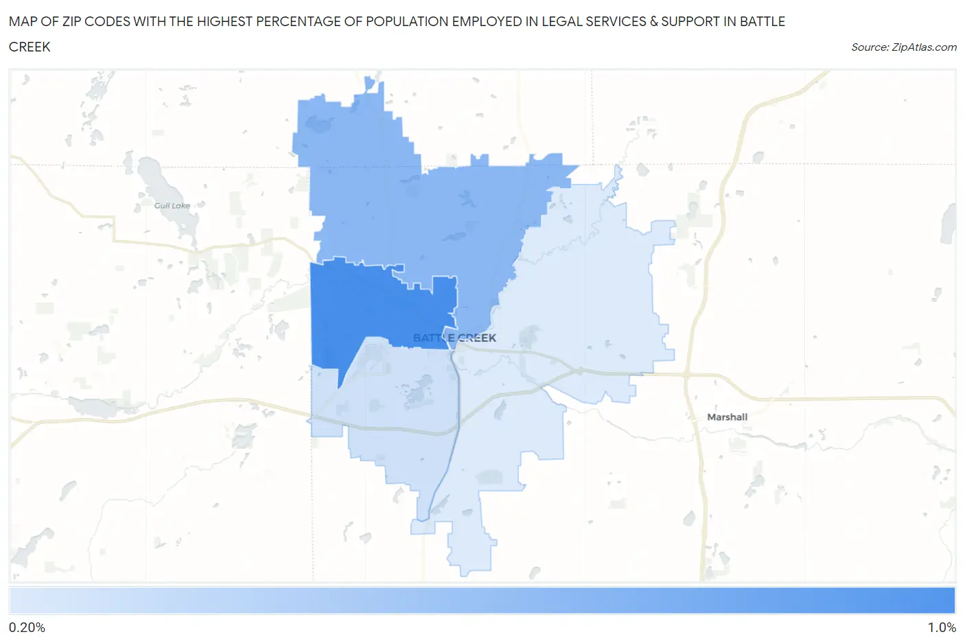 Zip Codes with the Highest Percentage of Population Employed in Legal Services & Support in Battle Creek Map