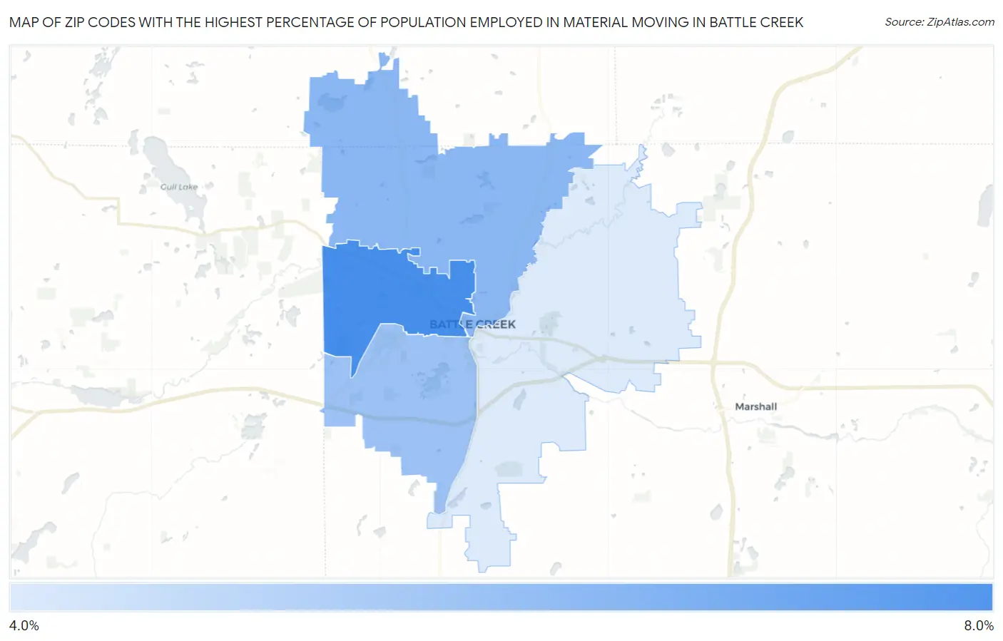 Zip Codes with the Highest Percentage of Population Employed in Material Moving in Battle Creek Map