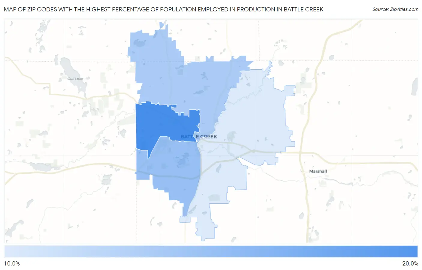 Zip Codes with the Highest Percentage of Population Employed in Production in Battle Creek Map
