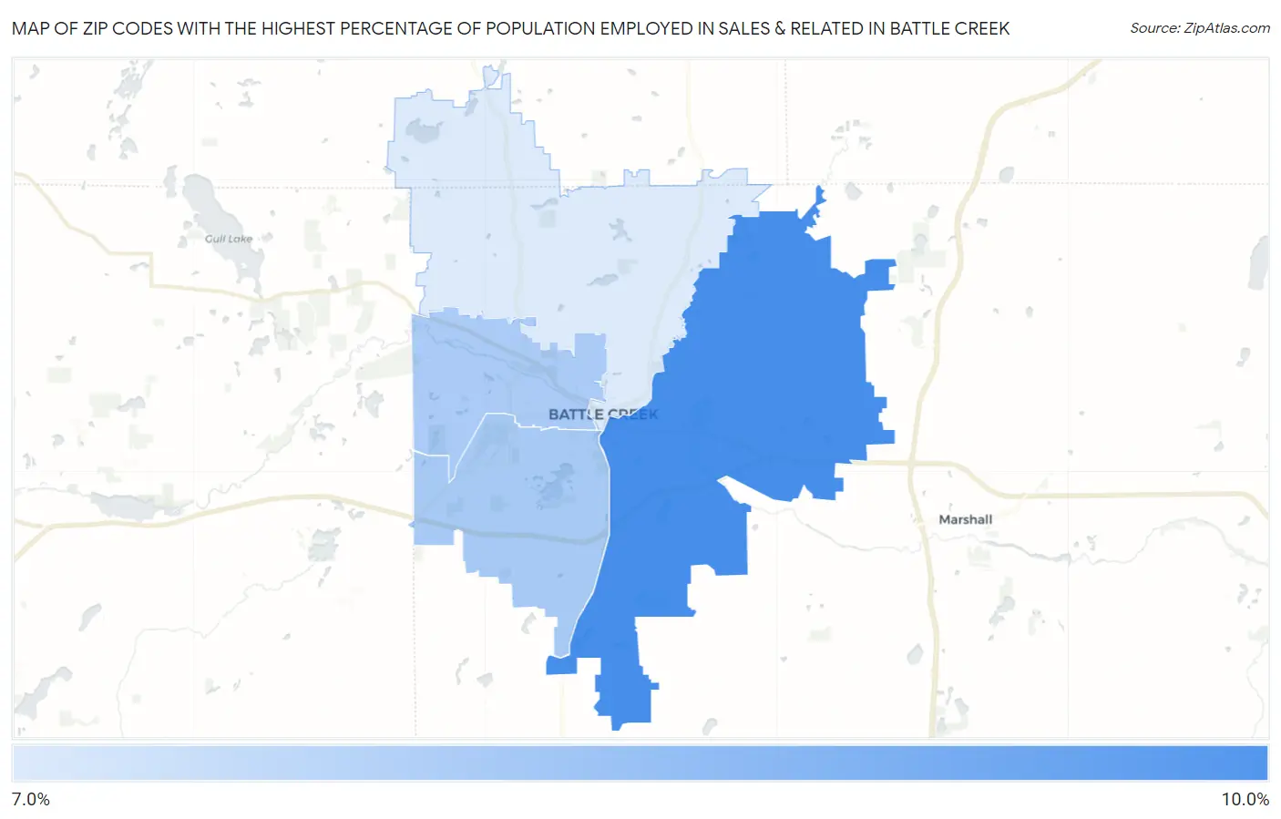 Zip Codes with the Highest Percentage of Population Employed in Sales & Related in Battle Creek Map