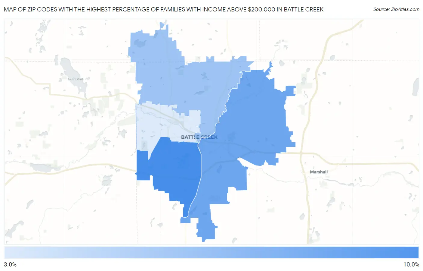 Zip Codes with the Highest Percentage of Families with Income Above $200,000 in Battle Creek Map