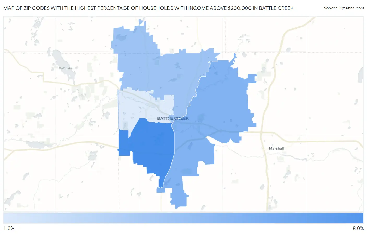 Zip Codes with the Highest Percentage of Households with Income Above $200,000 in Battle Creek Map