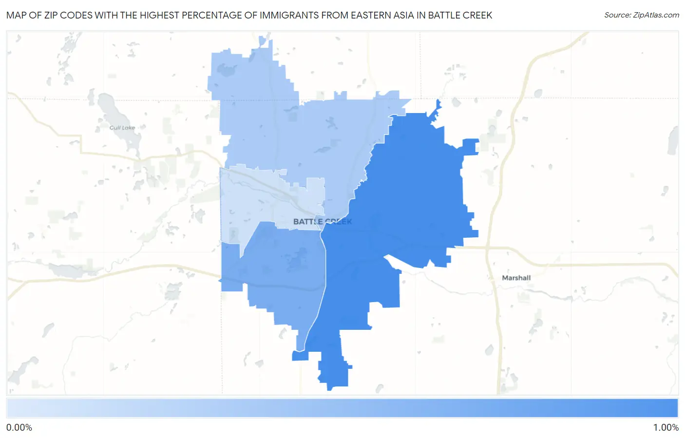 Zip Codes with the Highest Percentage of Immigrants from Eastern Asia in Battle Creek Map