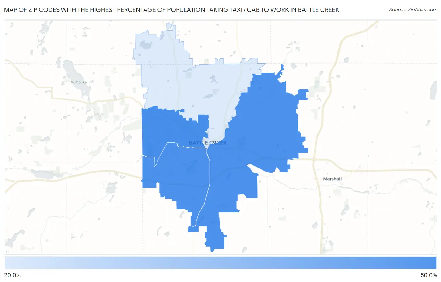 Zip Codes with the Highest Percentage of Population Taking Taxi / Cab to Work in Battle Creek Map