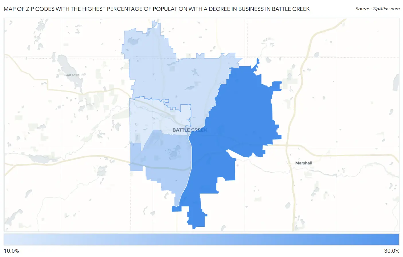 Zip Codes with the Highest Percentage of Population with a Degree in Business in Battle Creek Map