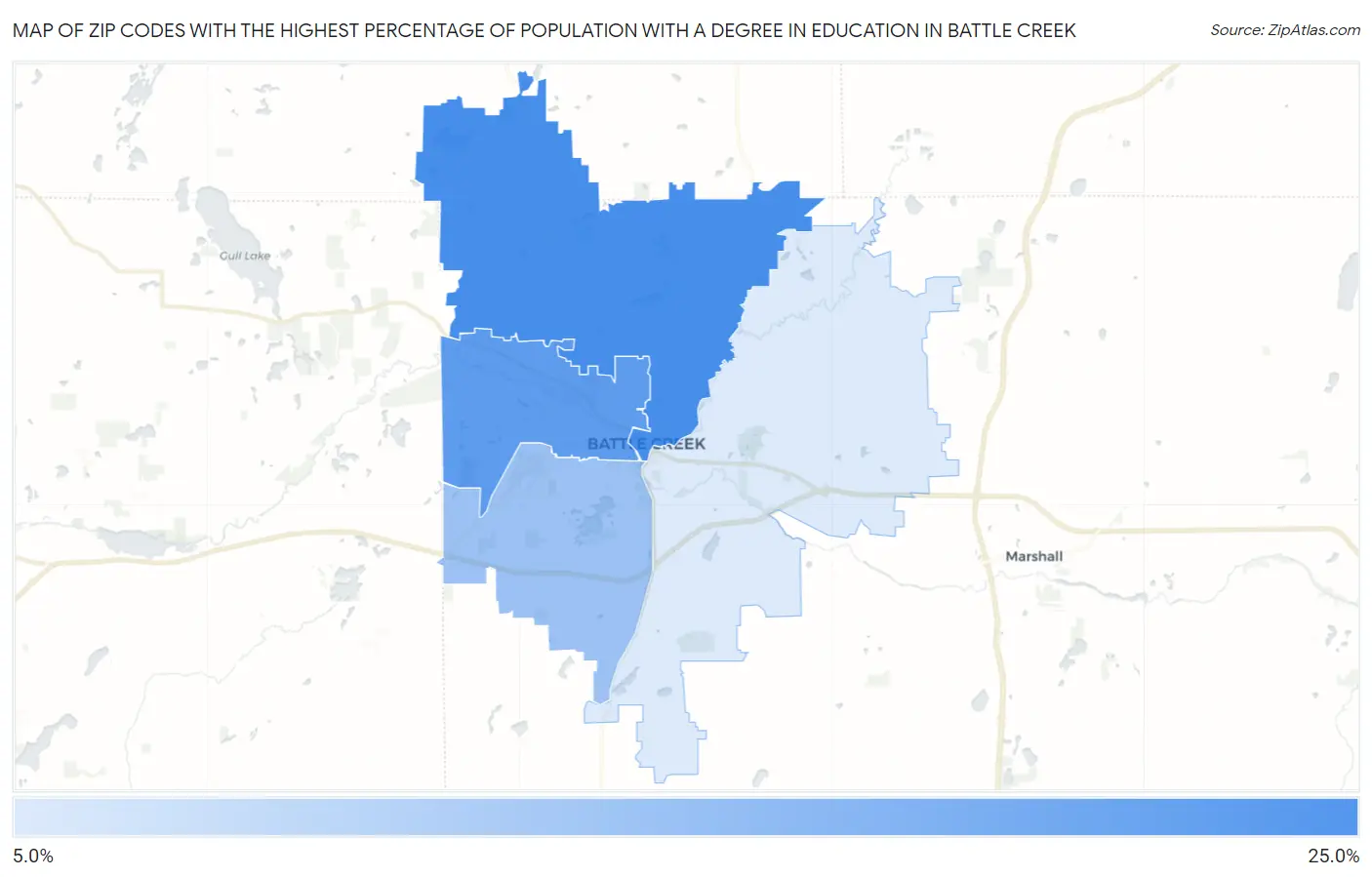 Zip Codes with the Highest Percentage of Population with a Degree in Education in Battle Creek Map