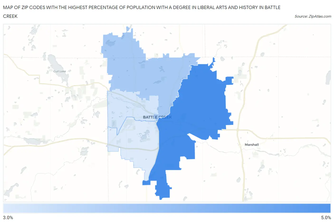 Zip Codes with the Highest Percentage of Population with a Degree in Liberal Arts and History in Battle Creek Map