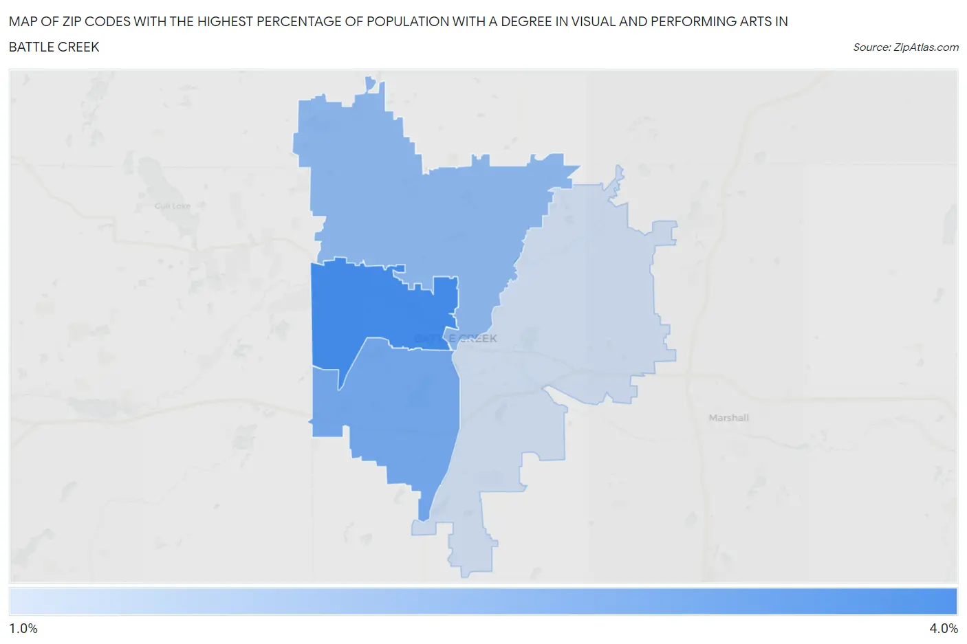 Zip Codes with the Highest Percentage of Population with a Degree in Visual and Performing Arts in Battle Creek Map