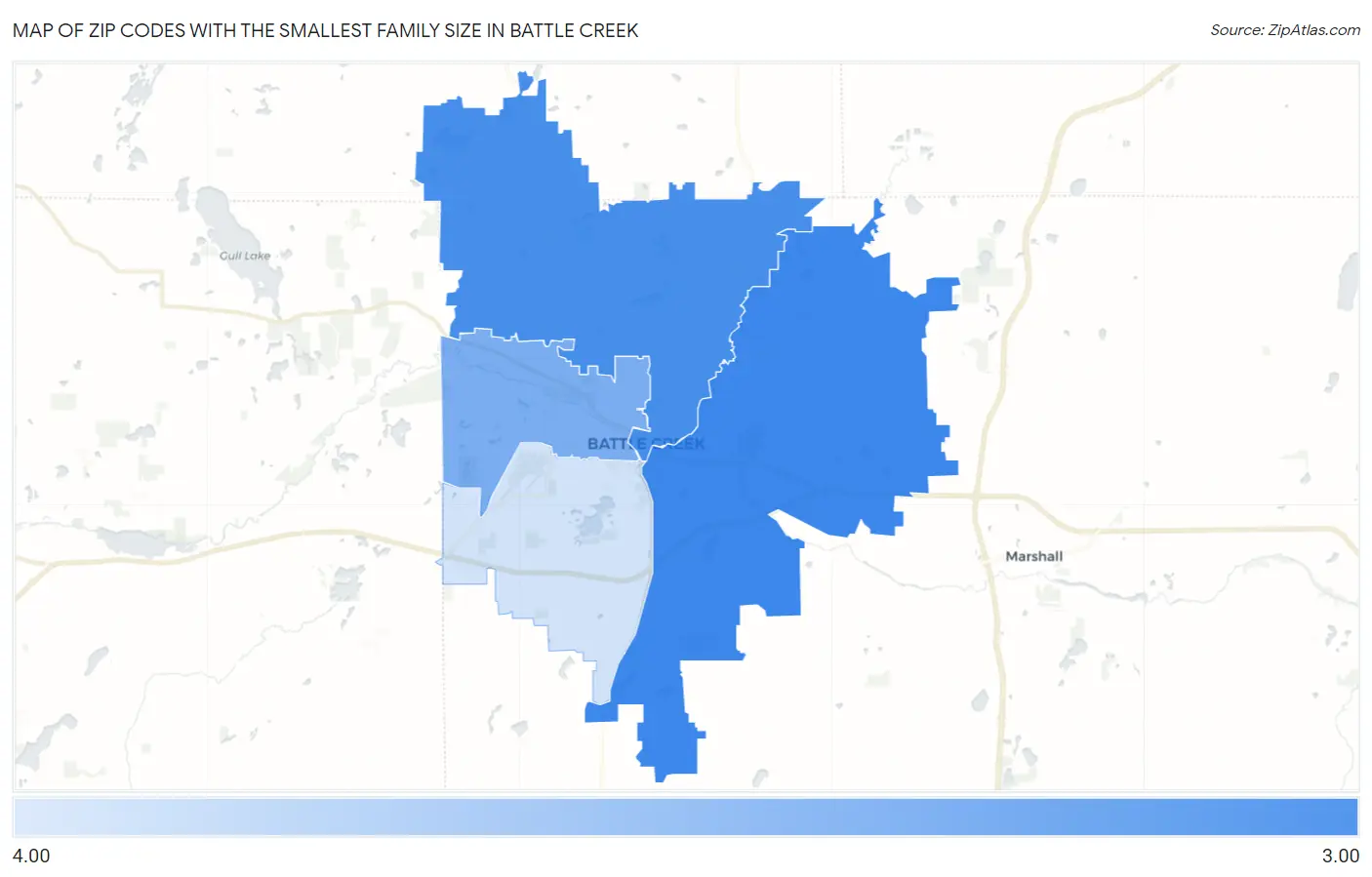Zip Codes with the Smallest Family Size in Battle Creek Map