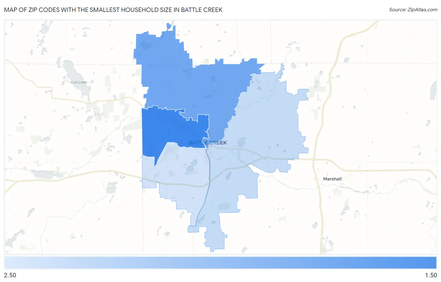 Zip Codes with the Smallest Household Size in Battle Creek Map