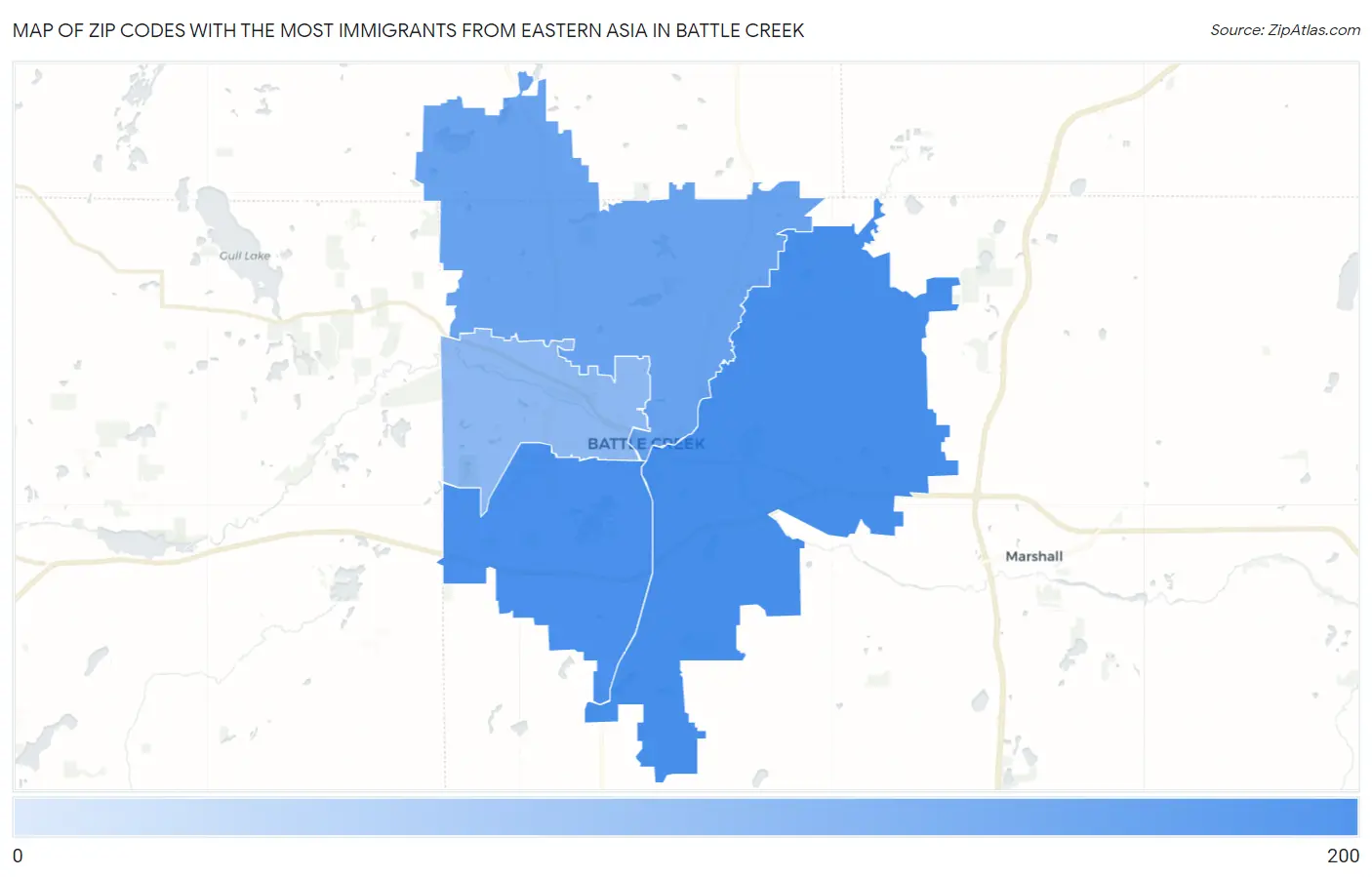 Zip Codes with the Most Immigrants from Eastern Asia in Battle Creek Map