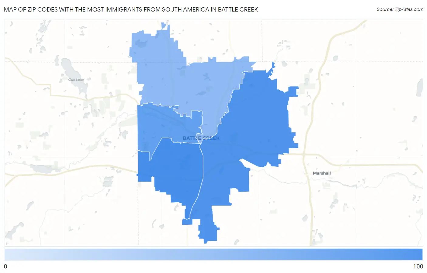 Zip Codes with the Most Immigrants from South America in Battle Creek Map