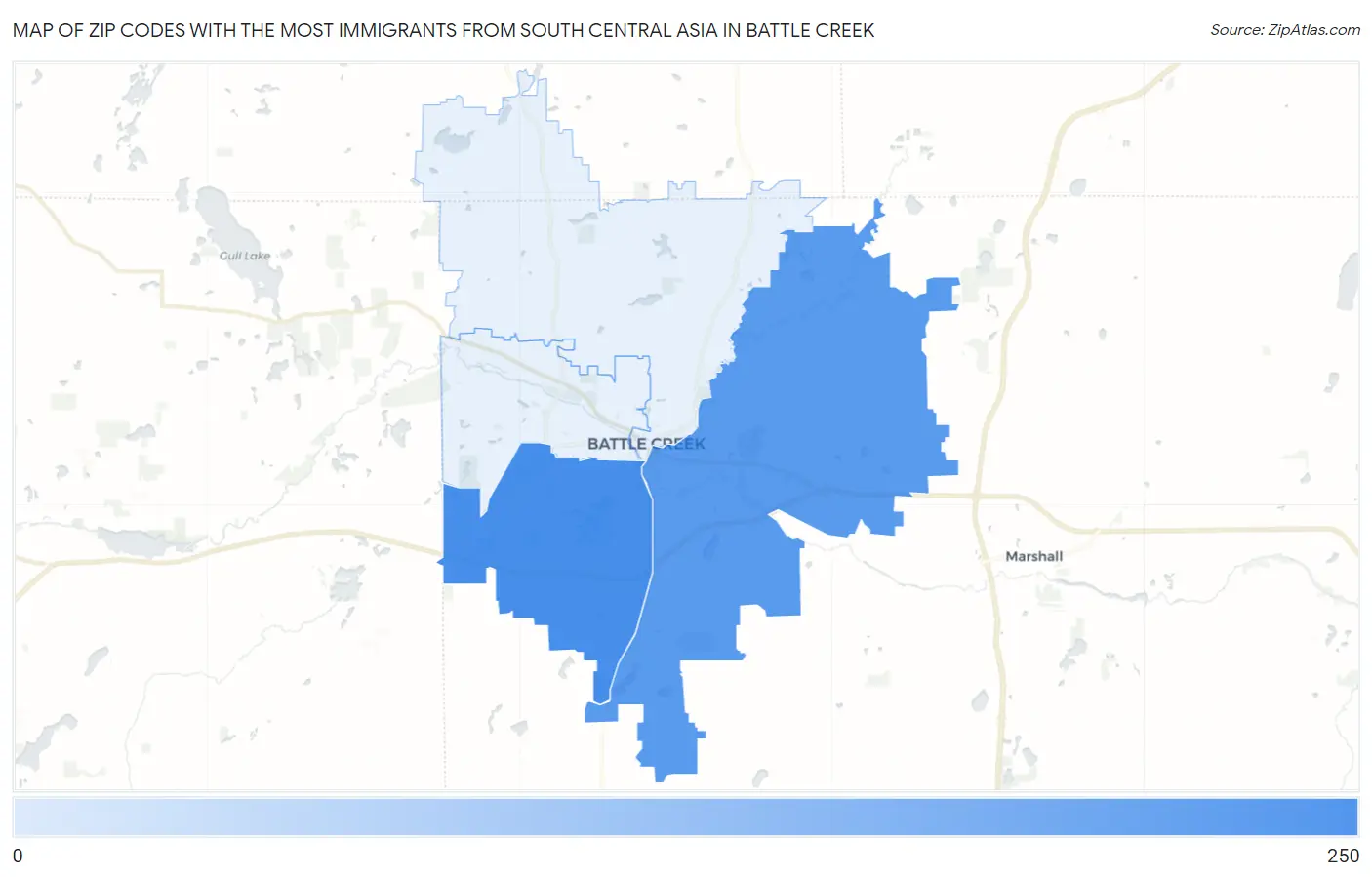 Zip Codes with the Most Immigrants from South Central Asia in Battle Creek Map