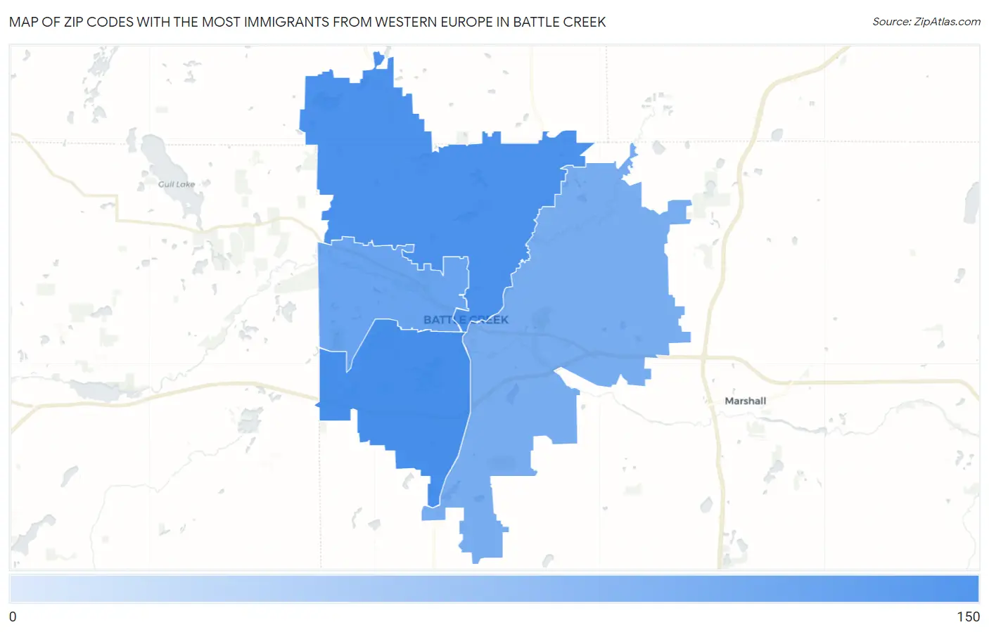 Zip Codes with the Most Immigrants from Western Europe in Battle Creek Map