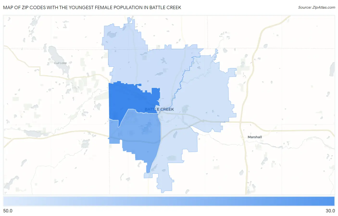 Zip Codes with the Youngest Female Population in Battle Creek Map